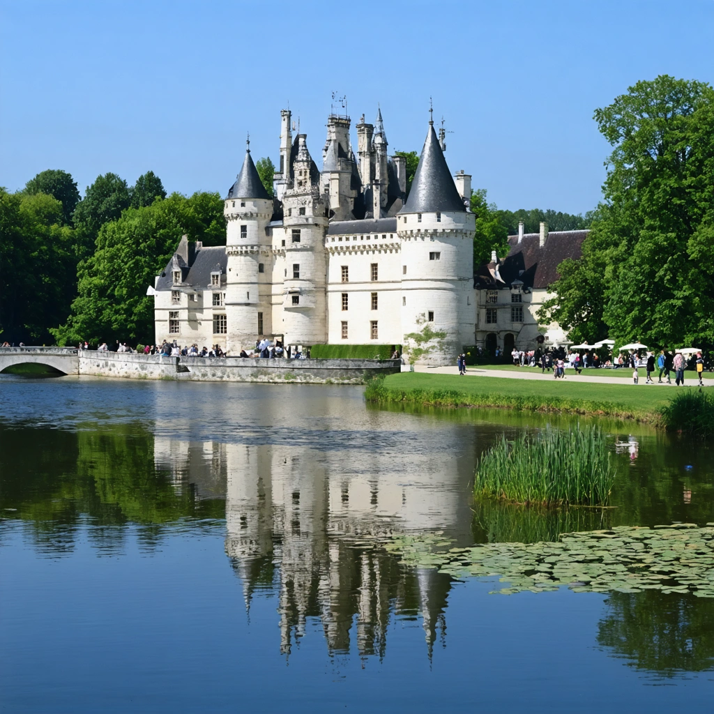 Vue du château d'Azay-le-Rideau, ses jardins fleuris, la rivière et des passants profitant du village pittoresque.