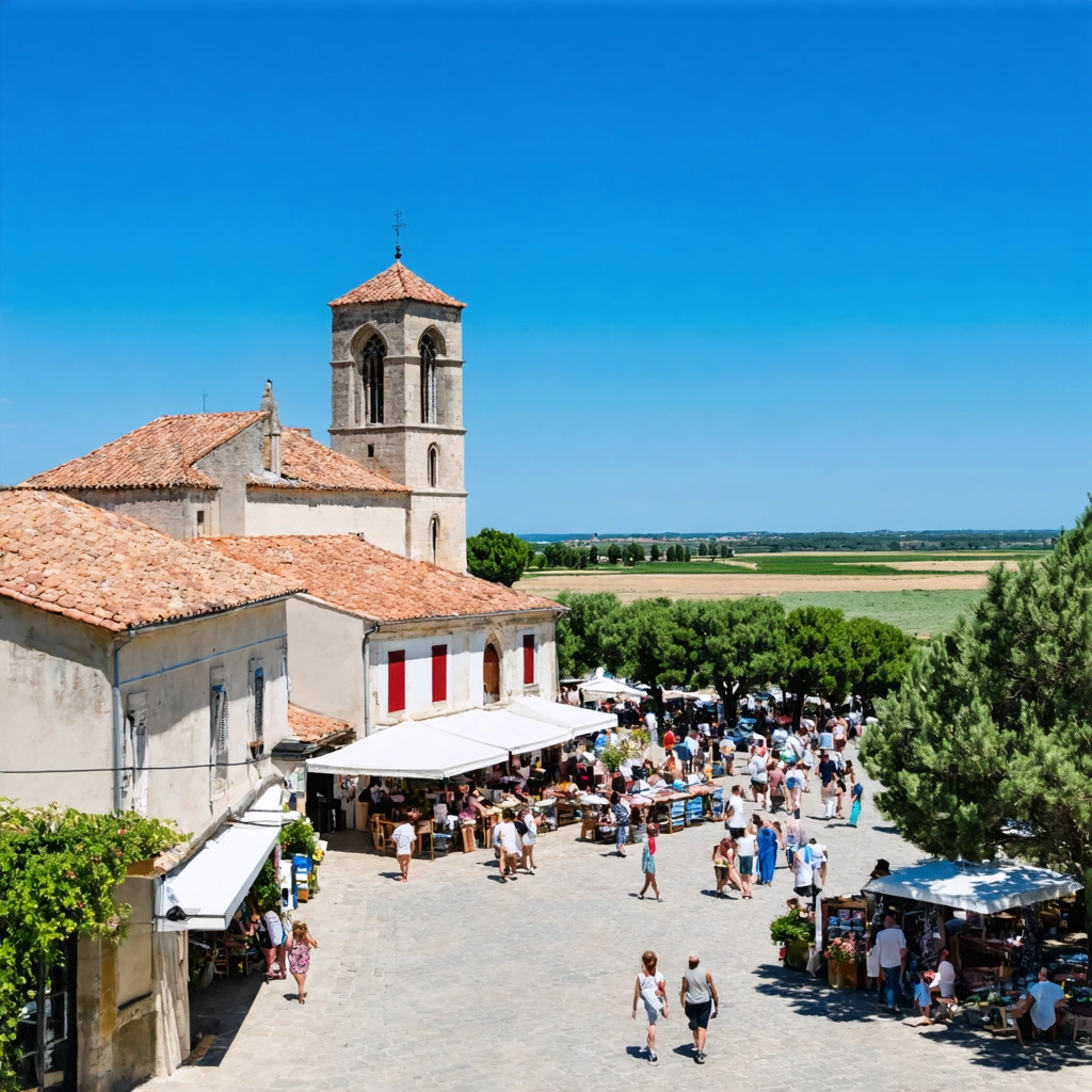 Vue panoramique de Bellegarde dans le Gard, avec ses toits rouges, son église historique, le marché local et la nature camarguaise en arrière-plan sous un ciel bleu.