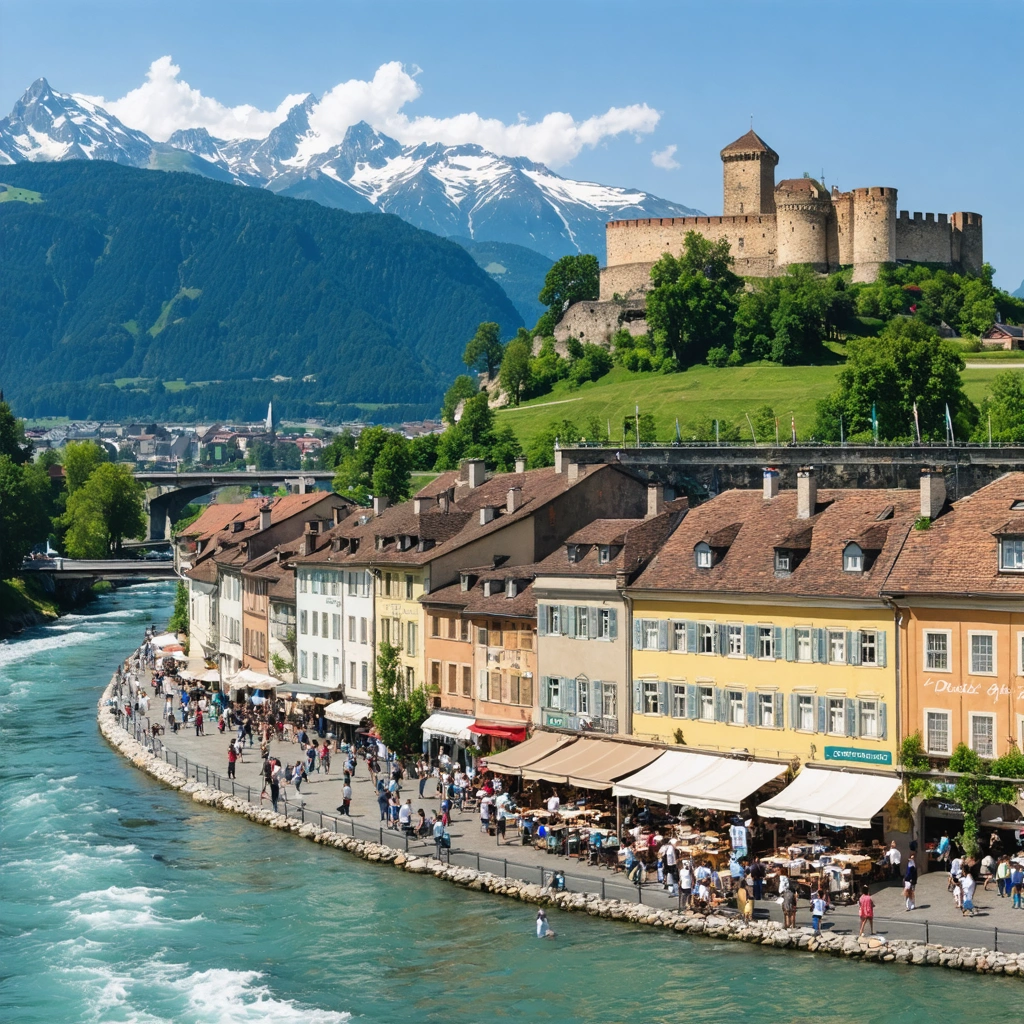 Vue panoramique sur Bonneville avec la vieille ville, le château médiéval, le marché animé, la rivière Arve et les montagnes alpines en arrière-plan.