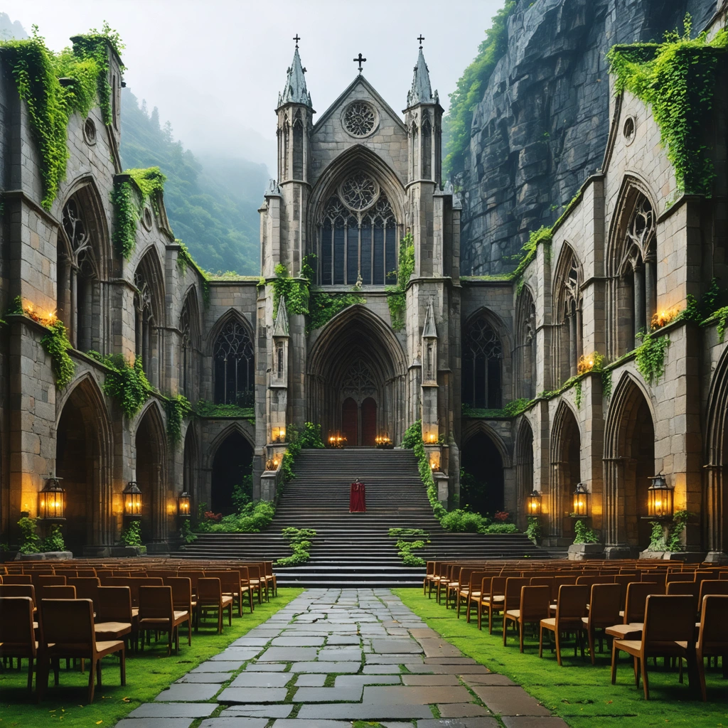 Vue d'une cathédrale médiévale majestueuse avec une architecture romane et gothique, un cloître paisible entouré de verdure et une ambiance mystérieuse de calme et d'aventure.