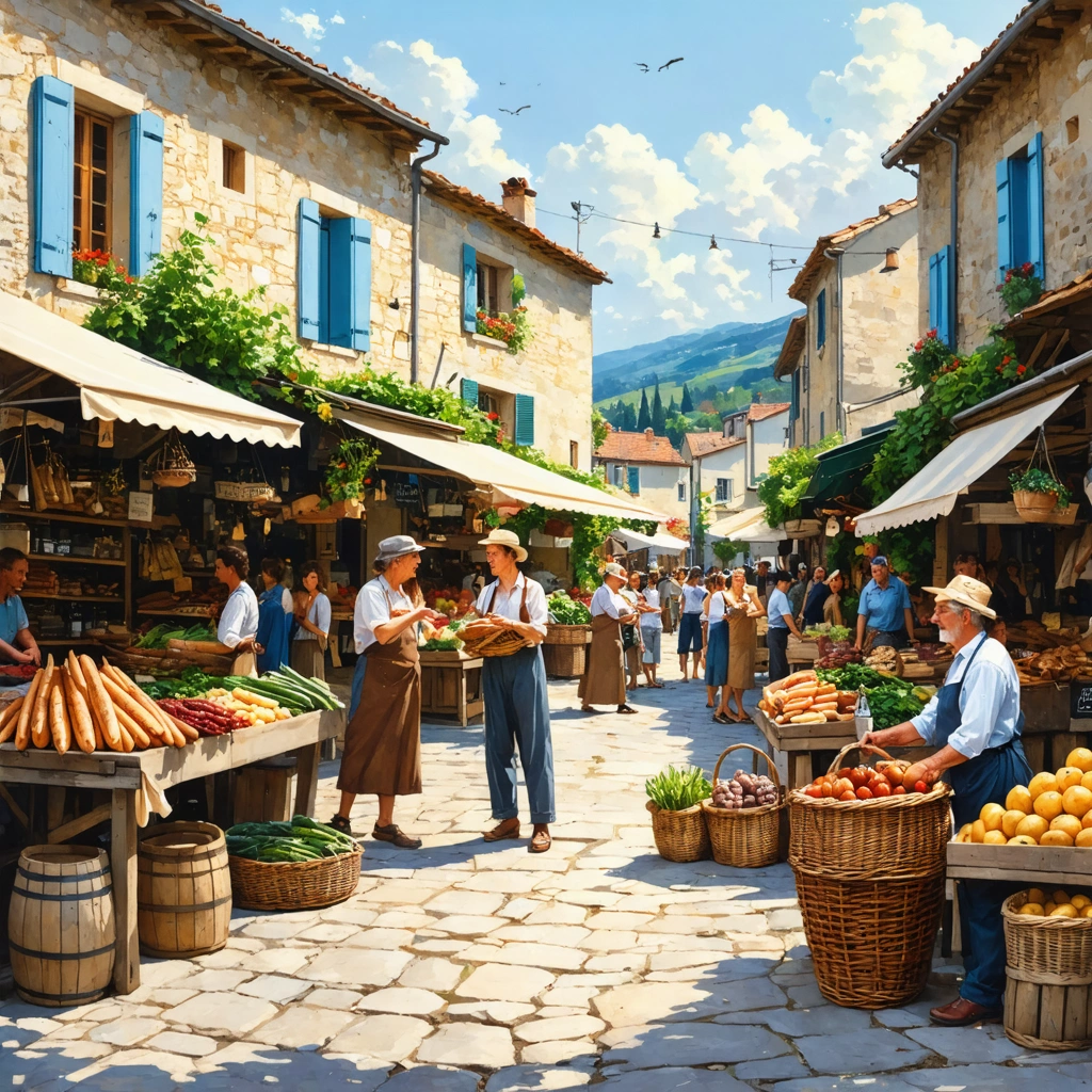 Centre-bourg animé avec marché, habitants échangeant, commerçants, boulangerie et terrasses de café, montrant la vie locale chaleureuse.