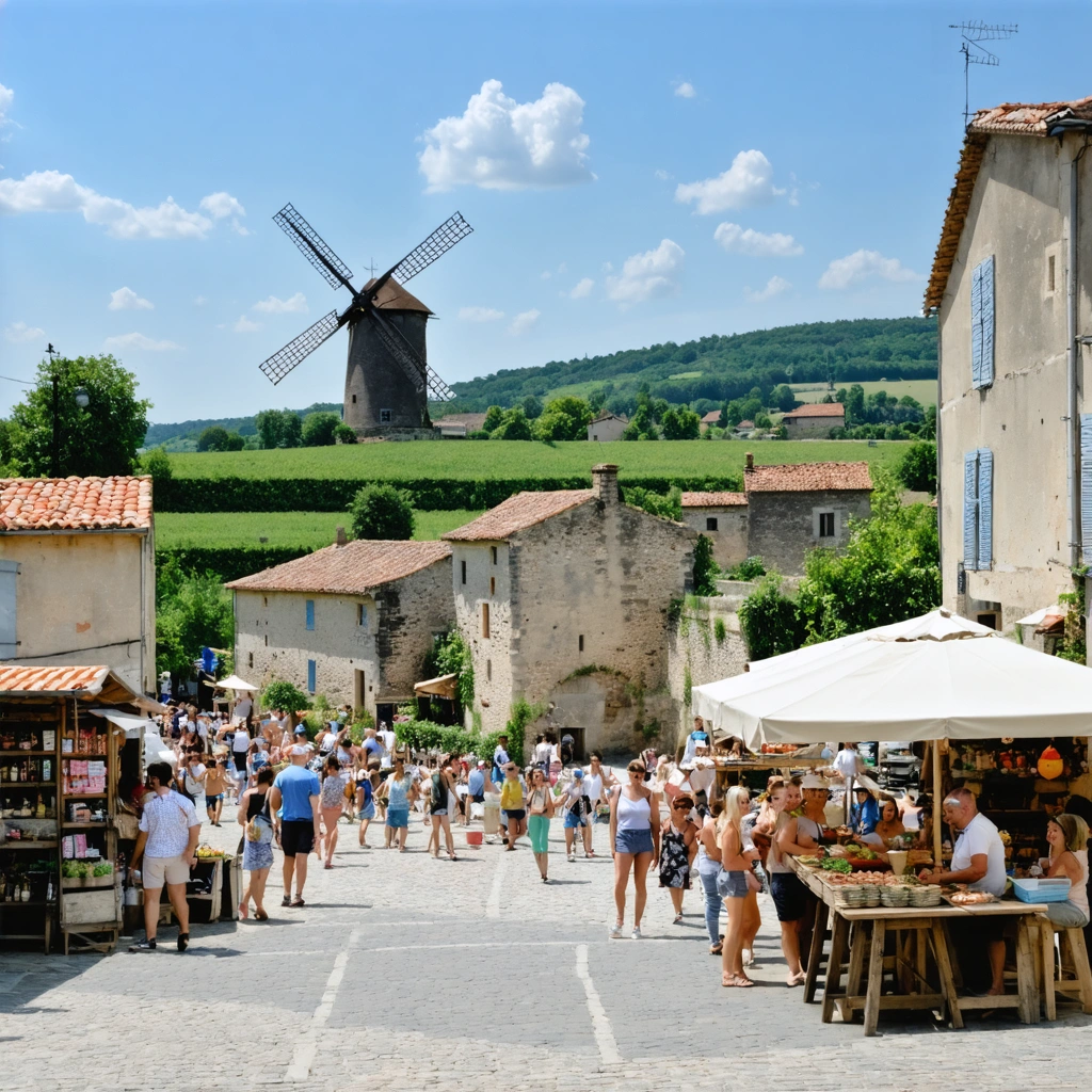 Scène animée du centre-ville des Herbiers avec marché, terrasses et moulins sur les collines
