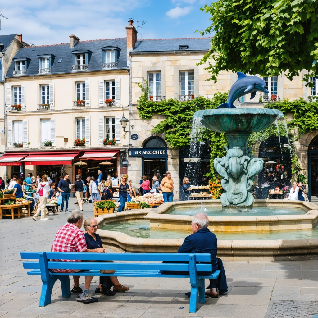 Place centrale animée de Lons-le-Saunier avec habitants discutant près d'une fontaine aux dauphins, bancs colorés, arcades et étals de marché à l'ambiance conviviale jurassienne.
