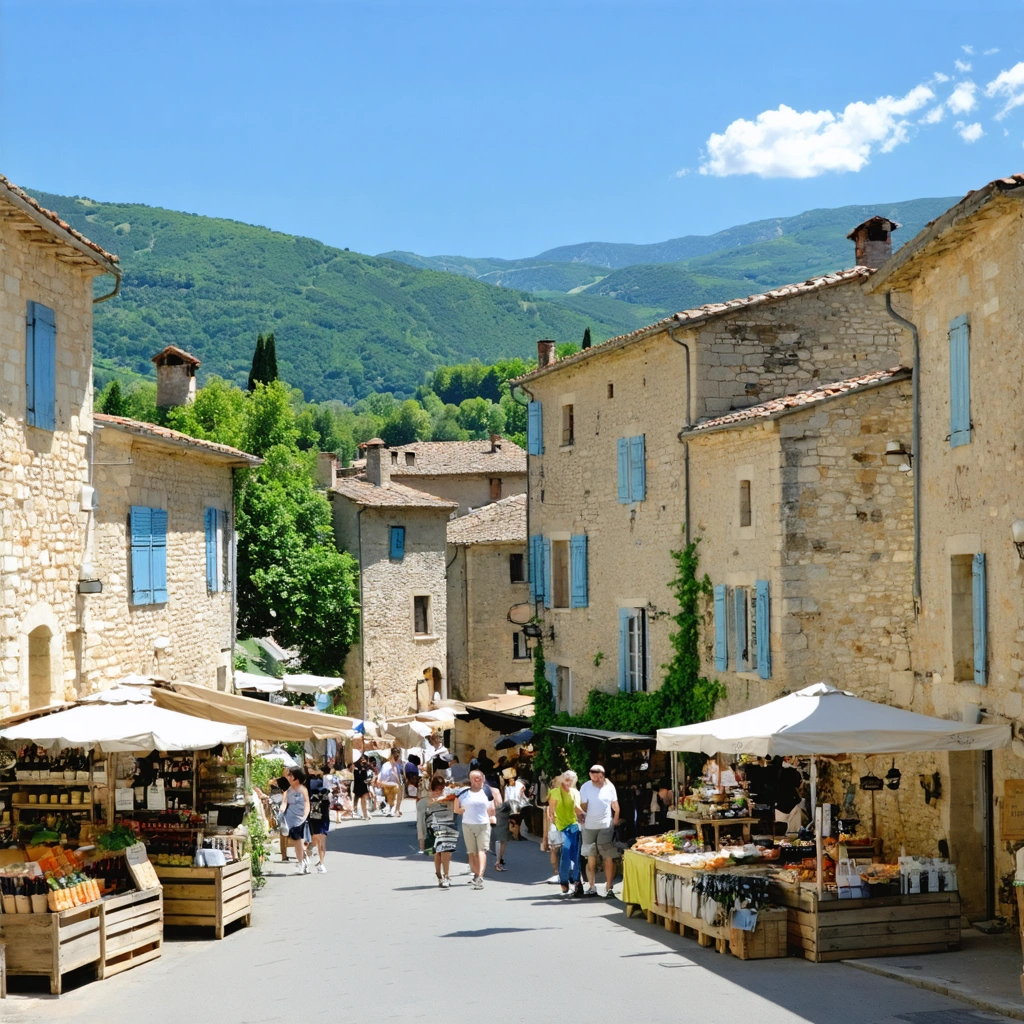 Vue réaliste du village de Céreste avec ruelles pavées, maisons en pierre, marché coloré et collines verdoyantes en arrière-plan