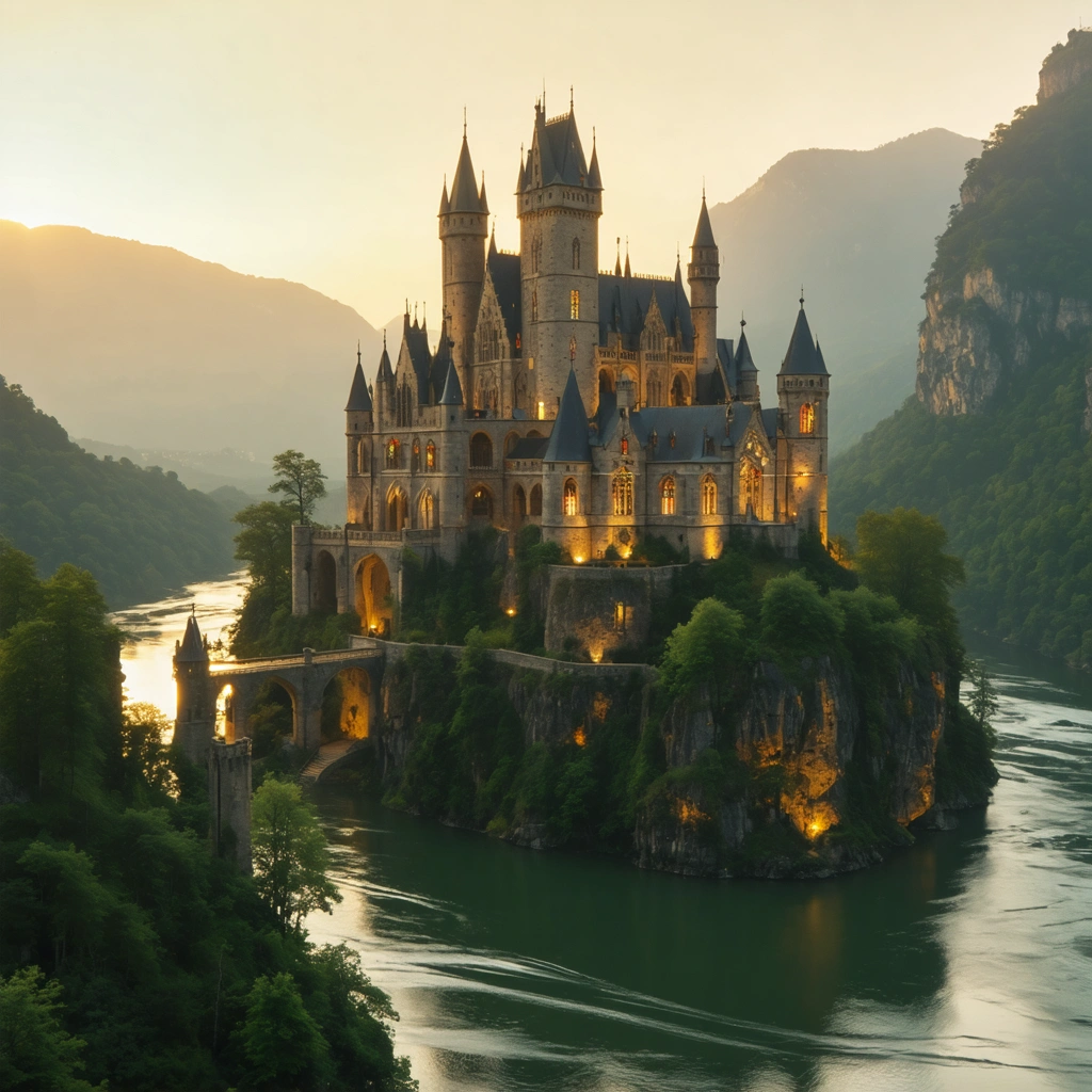 Vue d'un château historique dominant la vallée, mélange d'architecture médiévale et Renaissance, entouré de verdure, avec une ambiance mystérieuse rappelant les secrets et l'histoire du lieu.