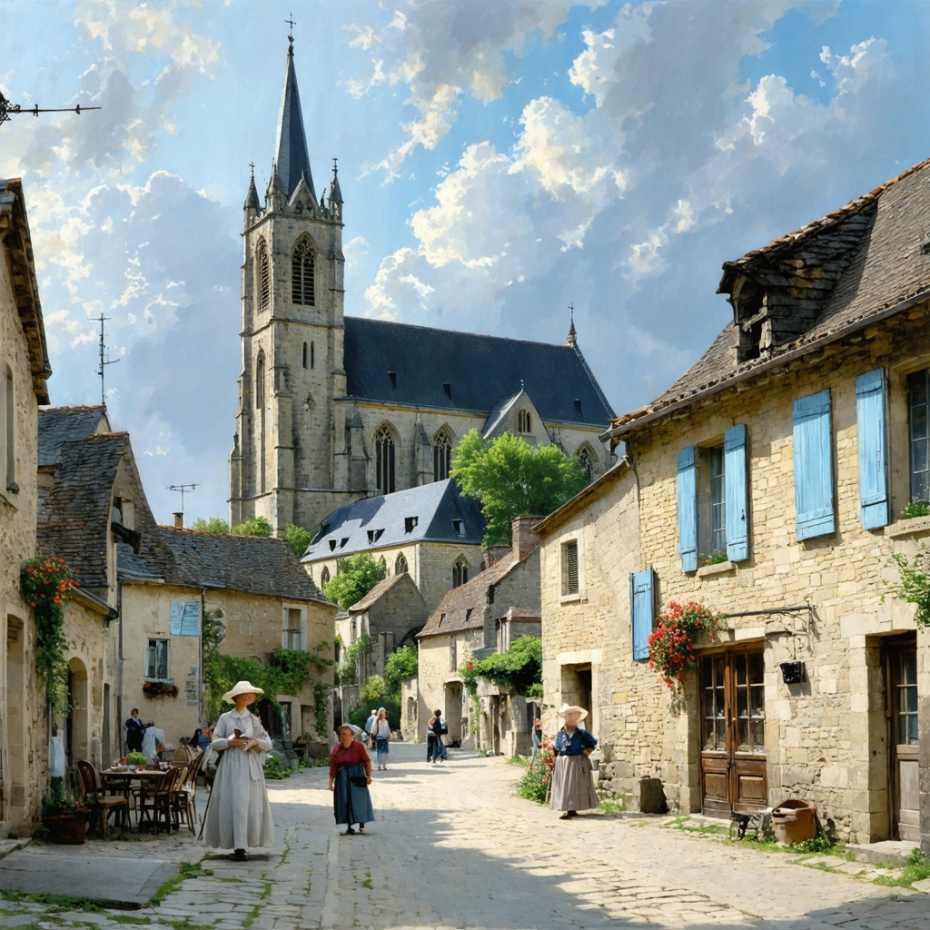 Scène d’un village paisible de Picardie avec l’église Saint-Léger au style impressionniste, des rues en pierre et des bâtiments industriels anciens, évoquant une histoire locale riche.