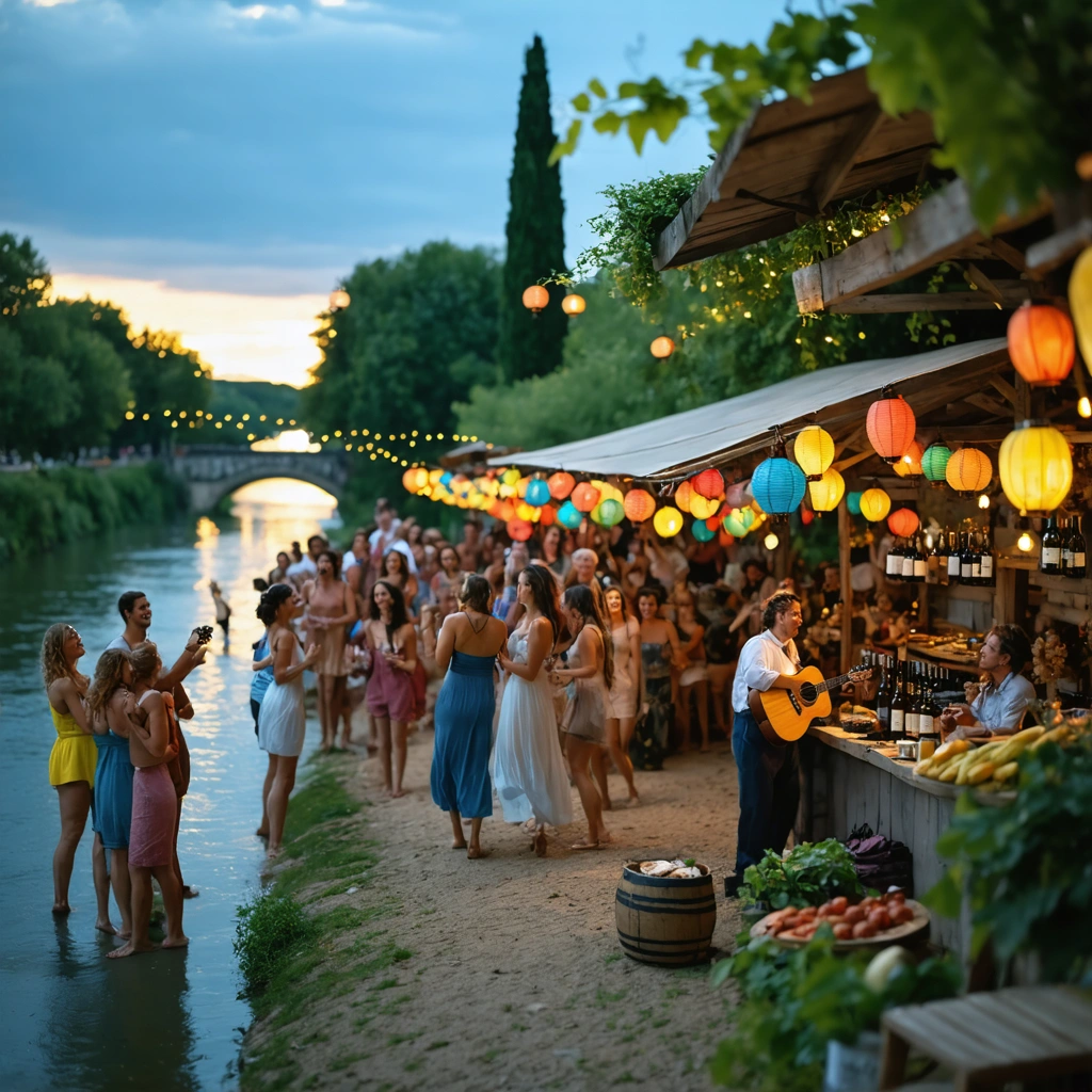 Des personnes dansant et s'amusant près de guinguettes au bord d'une rivière le soir, sous des lampions colorés, avec des stands de marché et des musiciens, dans une ambiance festive du Sud-Ouest.