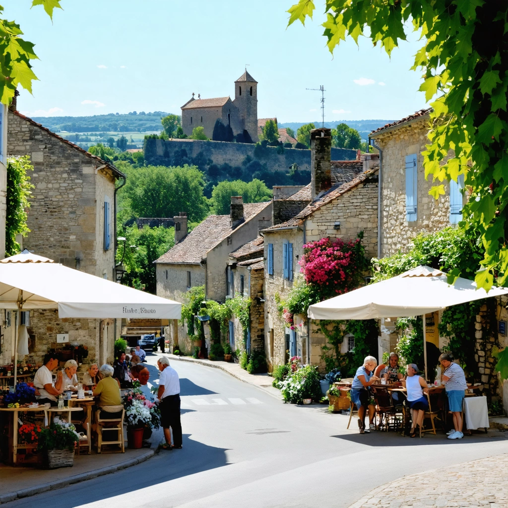 Vue réaliste du village d'Eurre dans la Drôme avec le château, des maisons en pierre, un marché, des habitants en terrasse et la rivière Drôme en été