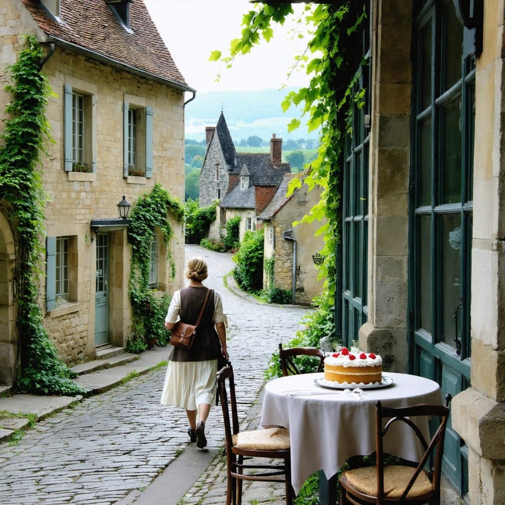 Rue pavée pittoresque d'une petite ville française, une femme inspirée de George Sand marche en tenant un carnet, avec des maisons anciennes, un hôtel particulier transformé en musée et une table de café où repose un gâteau berrichon.