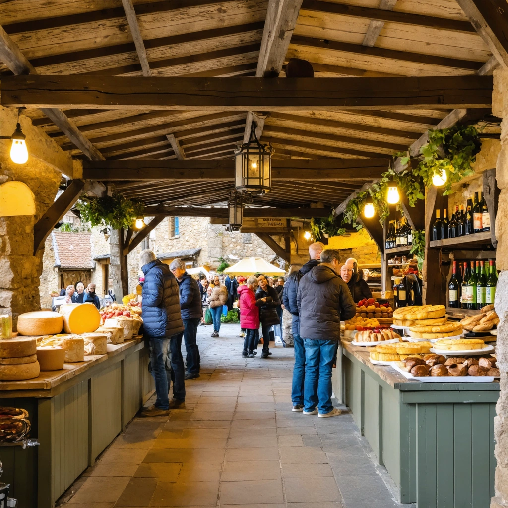 Marché animé sous une halle couverte en bois, des stands proposant fromages, légumes colorés, bouteilles de pineau et galettes charentaises, avec des habitants faisant la queue dans une ambiance conviviale.