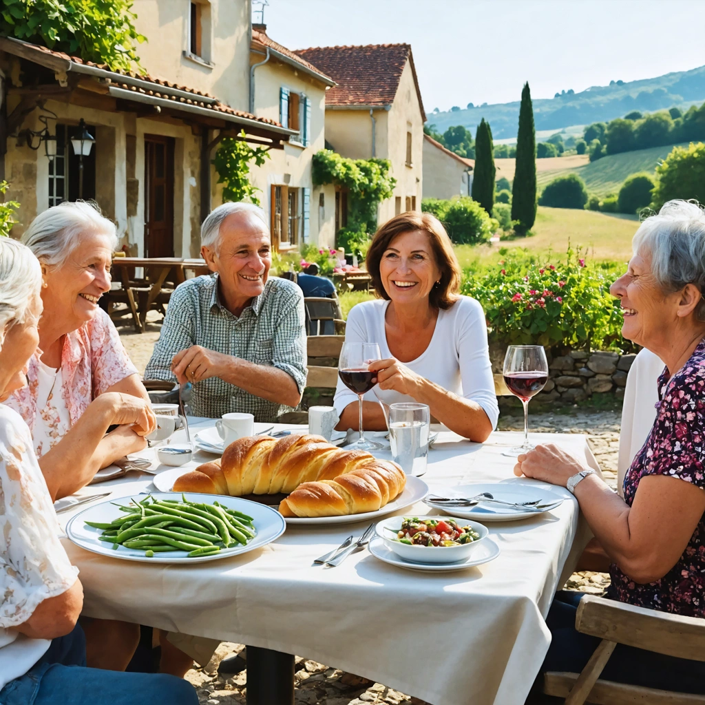 Scène chaleureuse d'un village vendéen avec des habitants accueillants autour d'un café en terrasse, partageant des histoires et dégustant de la brioche vendéenne et des mogettes dans une ambiance conviviale.