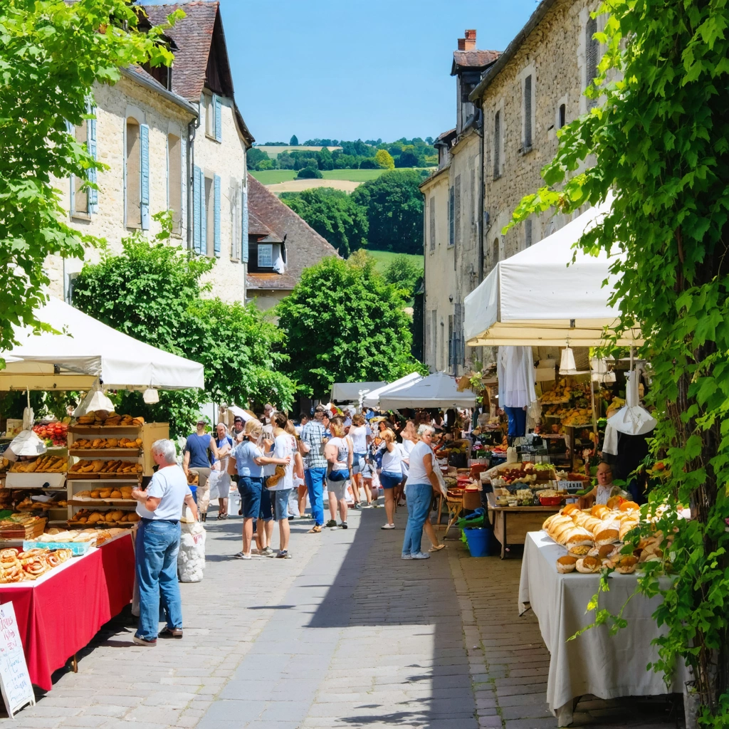 Scène d’une rue animée à La Châtre avec marché du samedi, habitants, étals colorés et architecture historique.