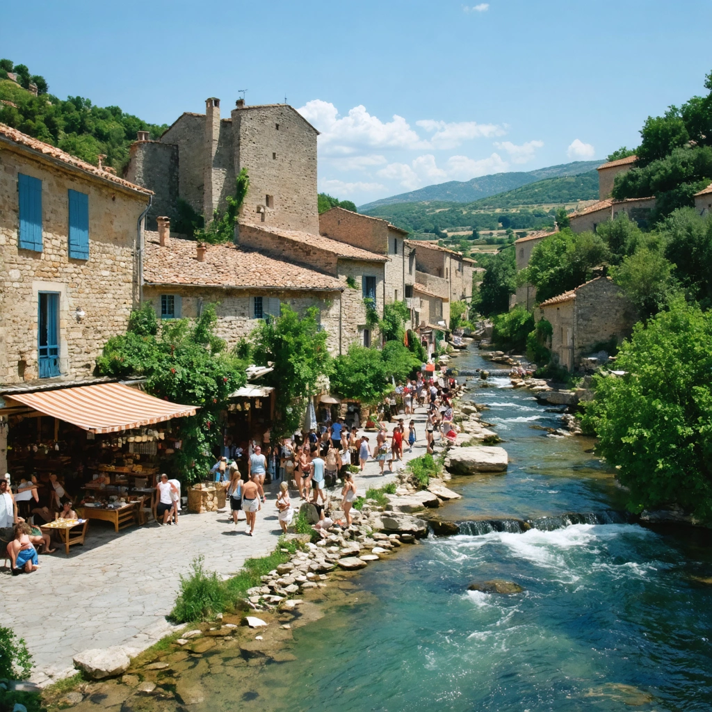 Vue estivale du village de Les Vans en Ardèche, avec maisons en pierre, marché animé et rivière Chassezac en arrière-plan
