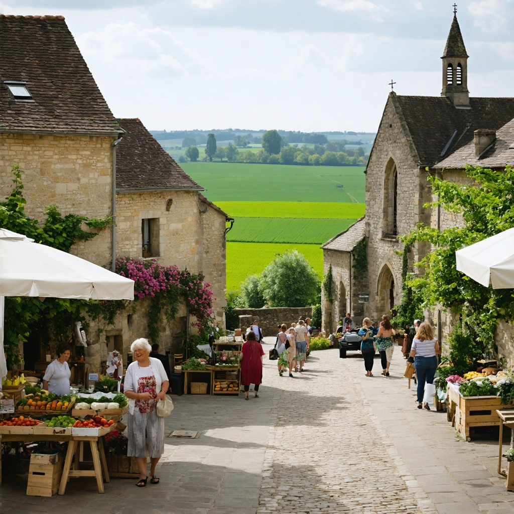 Le centre du Louroux-Béconnais au printemps avec ses maisons en pierre, une place animée, des champs verts et des habitants souriants au marché.