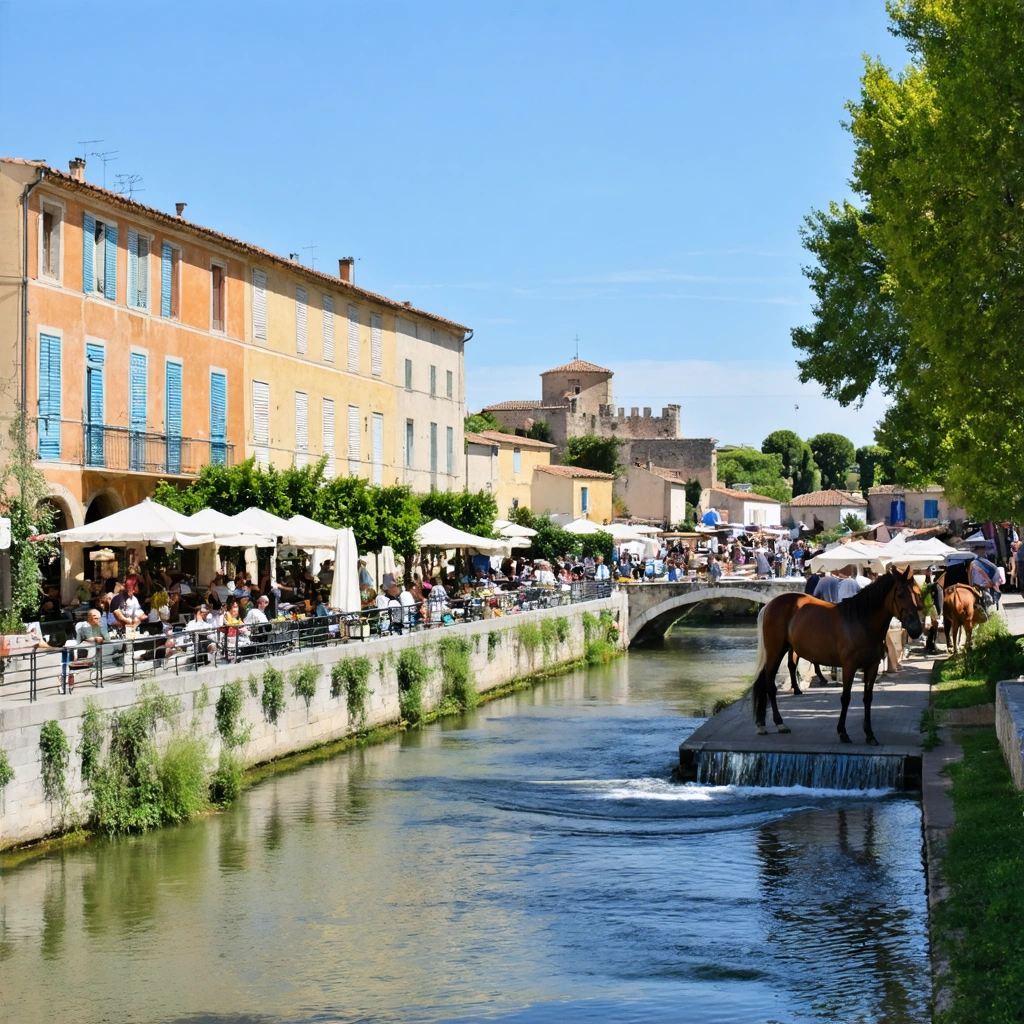 Scène animée à Lunel un jour ensoleillé, avec marché, ruelles typiques, canal et ambiance camarguaise.