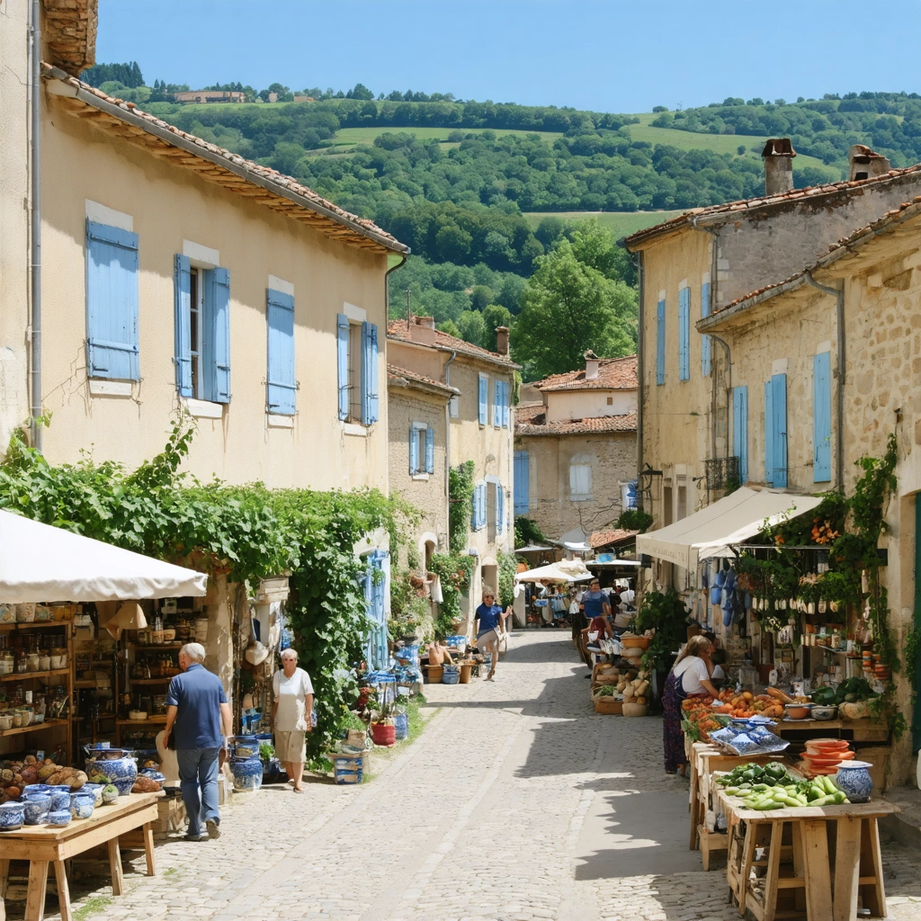 Vue réaliste de Martres-Tolosane montrant ses ruelles, maisons colorées, ateliers de faïence, marché local et paysage vallonné.