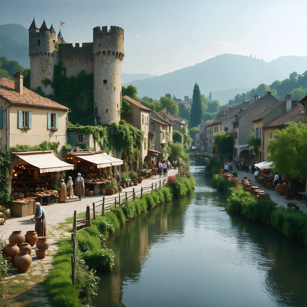 Vue panoramique sur Mehun-sur-Yèvre avec son château médiéval, la rivière Yèvre, des maisons pittoresques, un marché local animé et la nature verdoyante.
