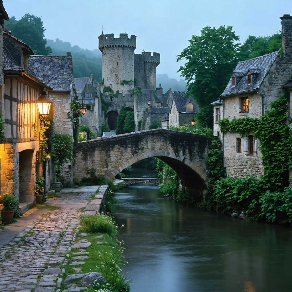 Vue romantique du château médiéval de Mehun-sur-Yèvre entouré de verdure, de maisons à colombages, de petites ruelles pavées et d'un pont de pierre enjambant la rivière, illustrant l'atmosphère historique et secrète de la ville.