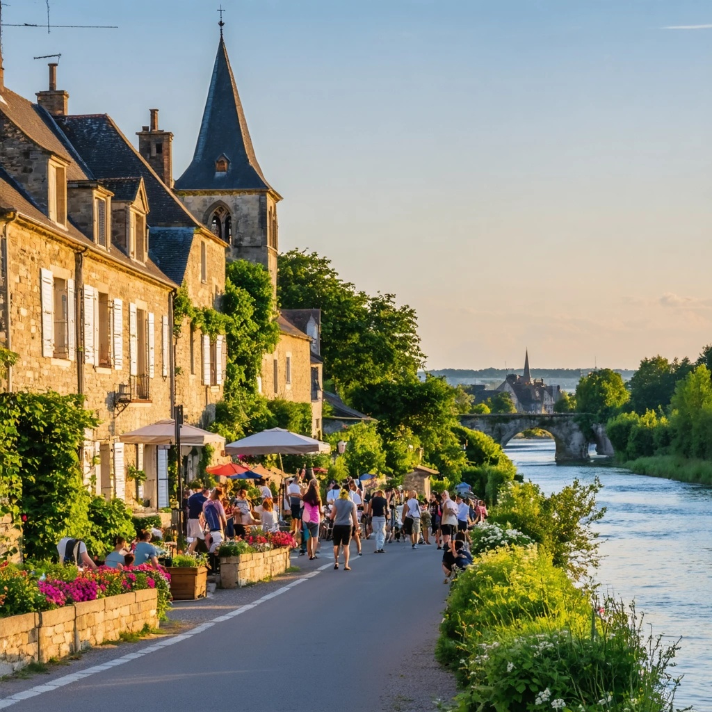 Vue de Mézières-sur-Seine avec la Seine, l'église ancienne, des maisons pittoresques et une fête de village animée.