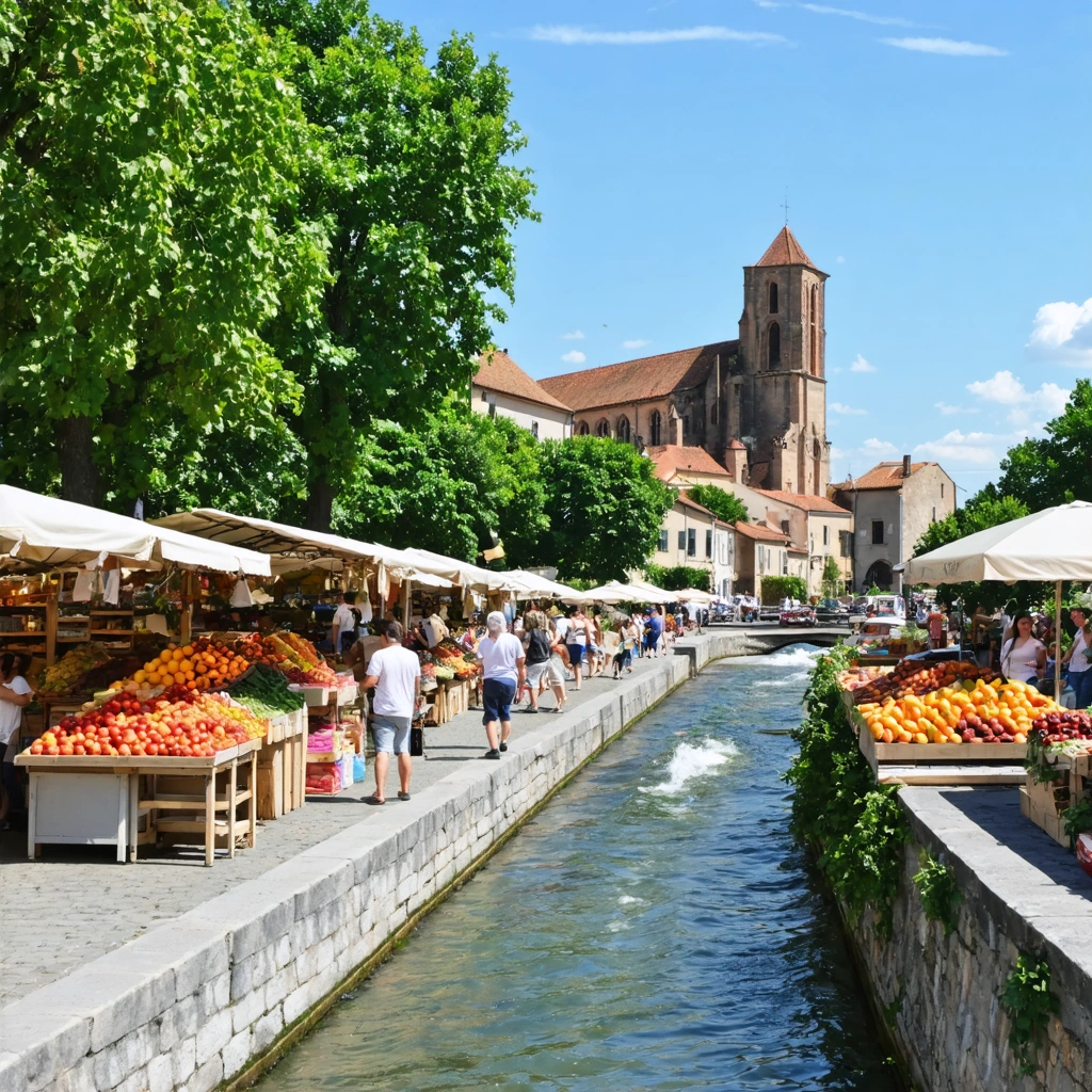 Vue animée du centre historique de Moissac avec l'abbaye Saint-Pierre, un marché coloré, des habitants marchant le long du canal et une ambiance festive de village sud-ouest.