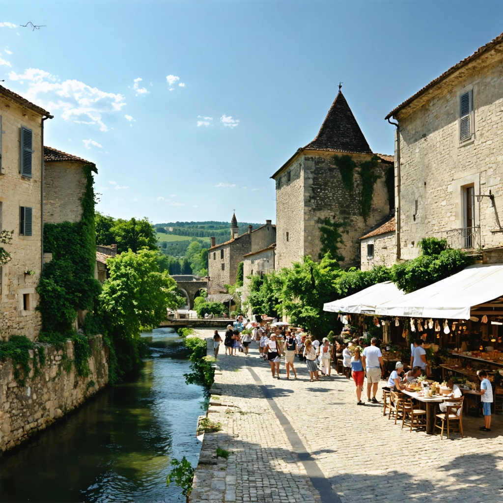 Vue de Nérac avec des maisons historiques, la rivière Baïse, un marché animé et des promeneurs dans le centre ville.