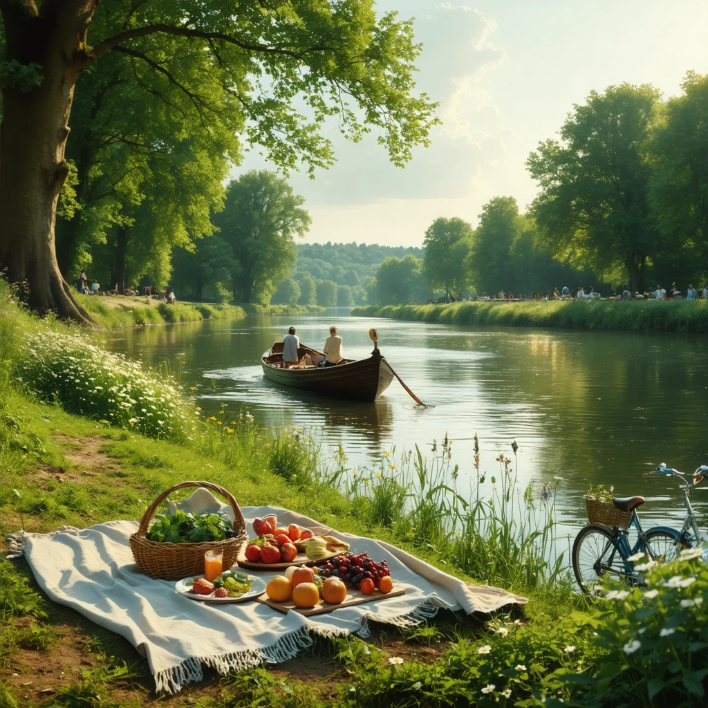Des personnes profitent d’un pique-nique sur une nappe au bord d’une rivière entourée de verdure à Nérac, avec des vélos posés à proximité et une gabare naviguant sur l’eau au soleil.