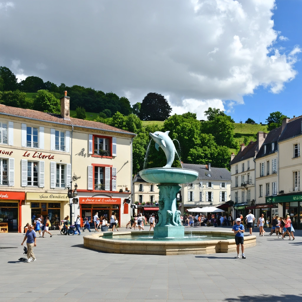 Photo réaliste de la place de la Liberté à Lons-le-Saunier avec sa fontaine emblématique, des passants et les collines du Jura en arrière-plan.