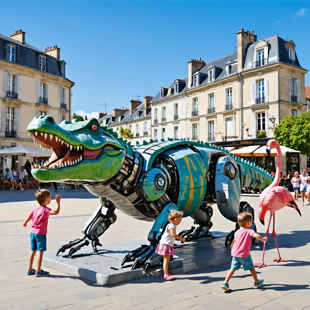 Place Napoléon à La Roche-sur-Yon animée avec les sculptures d'animaux mécaniques et des passants profitant de l'ambiance estivale