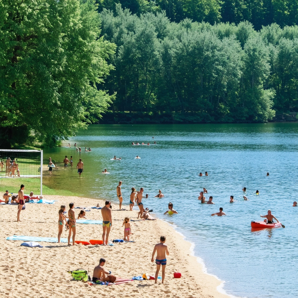 Des familles et des amis profitent d'une plage au bord d'un lac en Bourgogne, avec des baigneurs, des activités nautiques, un terrain de volley et des pelouses où se détendre sous le soleil.