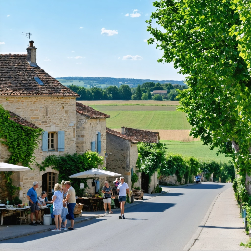 Le village de Pouillon un samedi, avec ses maisons de pierre, son marché animé, des habitants discutant sous les platanes et la campagne landaise en arrière-plan