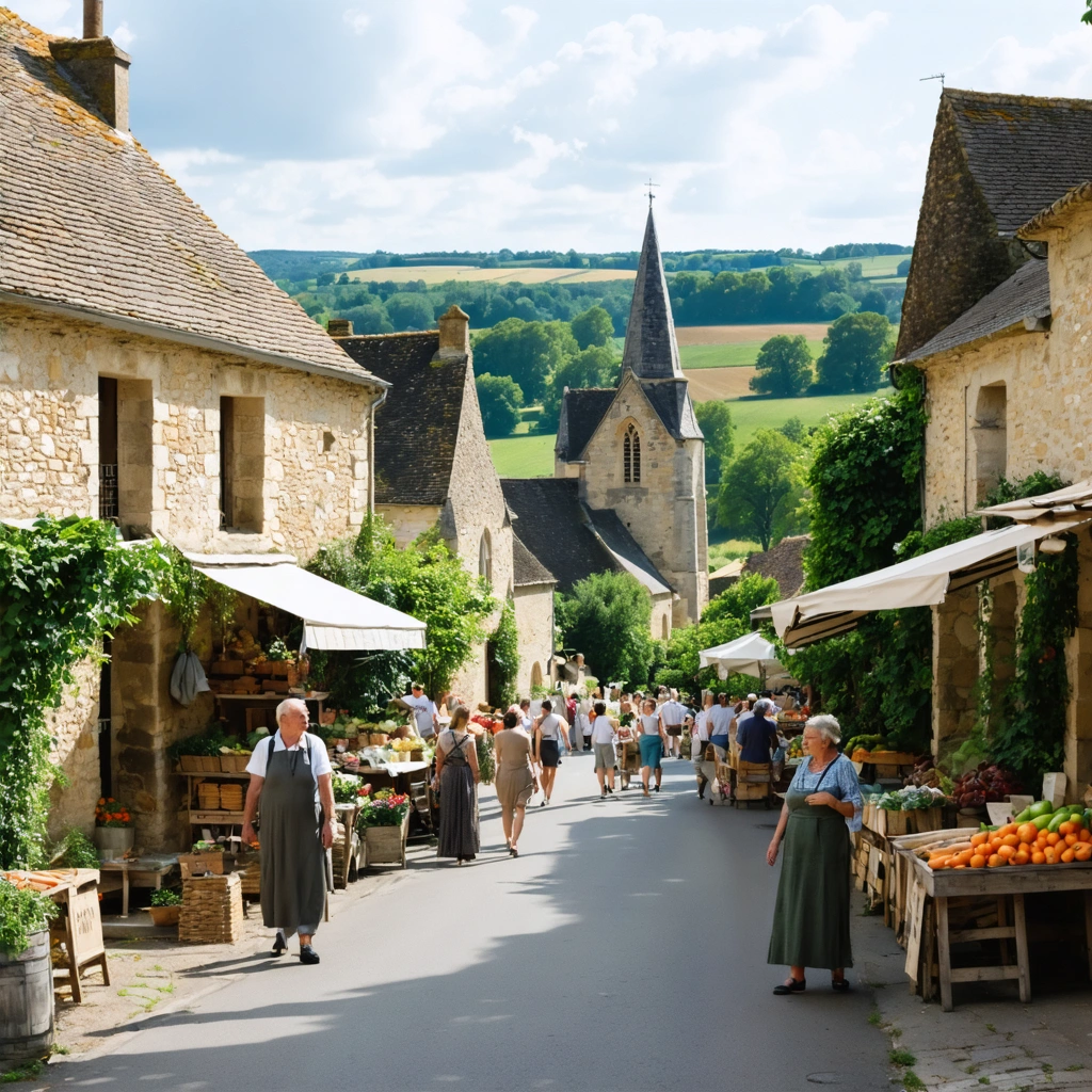 Vue d'une rue animée de Fressenneville avec ses maisons anciennes, un marché local et des habitants souriants.