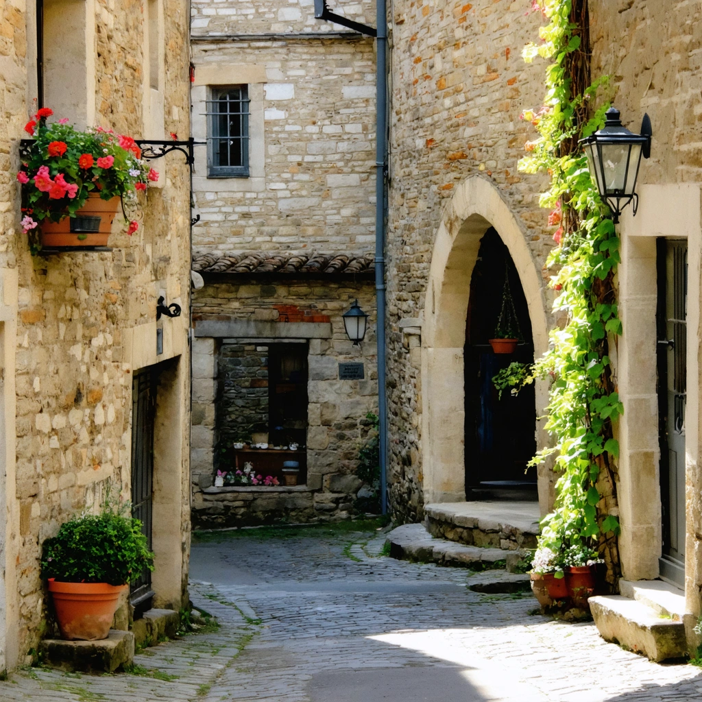 Vue pittoresque d’une ruelle médiévale à Céreste, avec des maisons en pierre, des portes anciennes voûtées, des pavés irréguliers et une petite fontaine, baignée par une douce lumière.