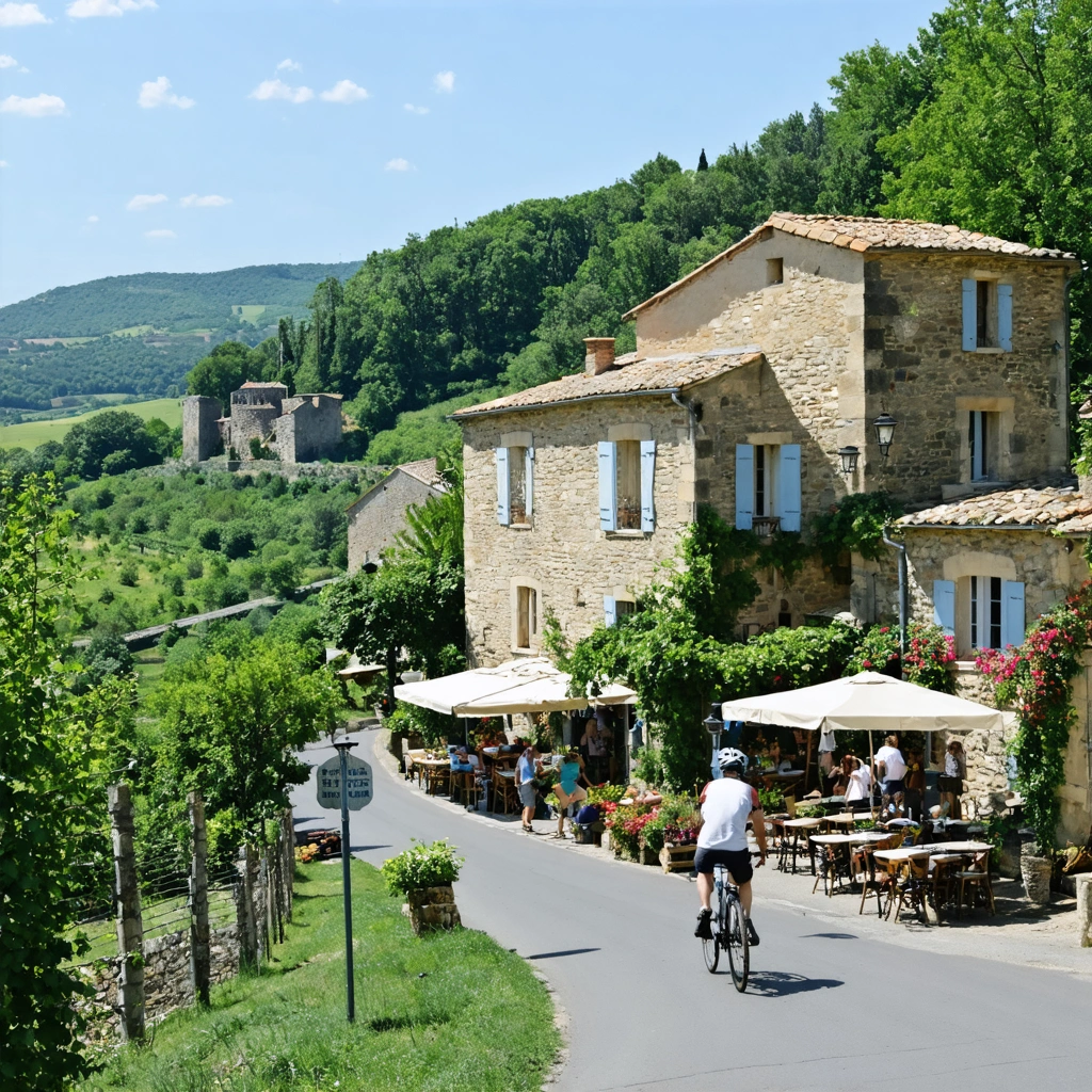 Vue du village de Saint-Félicien en Ardèche avec ses maisons en pierre, son marché animé et la verdure environnante.