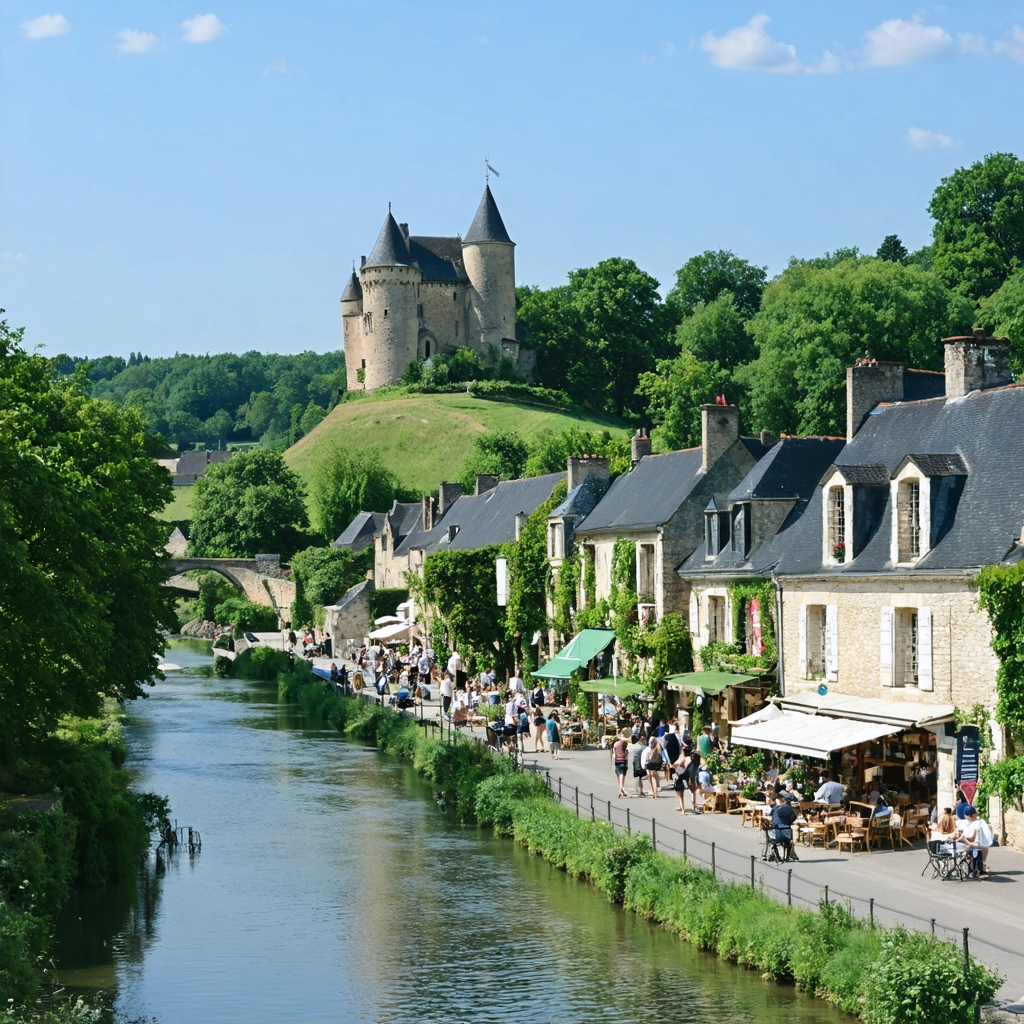 Vue du village de Saint-Mars-la-Jaille avec son château, la rivière Erdre, des maisons en pierre et une ambiance de marché animé par une belle journée.