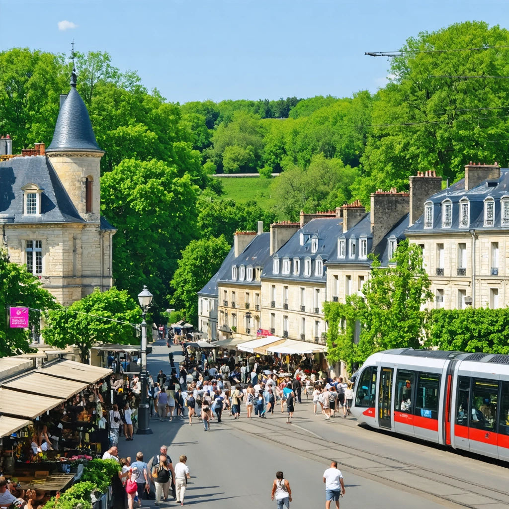 Scène vivante de Savigny-sur-Orge avec un marché, des maisons anciennes, des espaces verts et la gare RER, animée par ses habitants