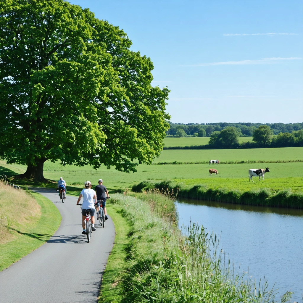 Chemin piéton et cyclable en pleine campagne, bordé de champs verts et d’arbres imposants, avec quelques promeneurs, cyclistes et des animaux comme des vaches et un chevreuil près d’un étang, sous un ciel bleu paisible.