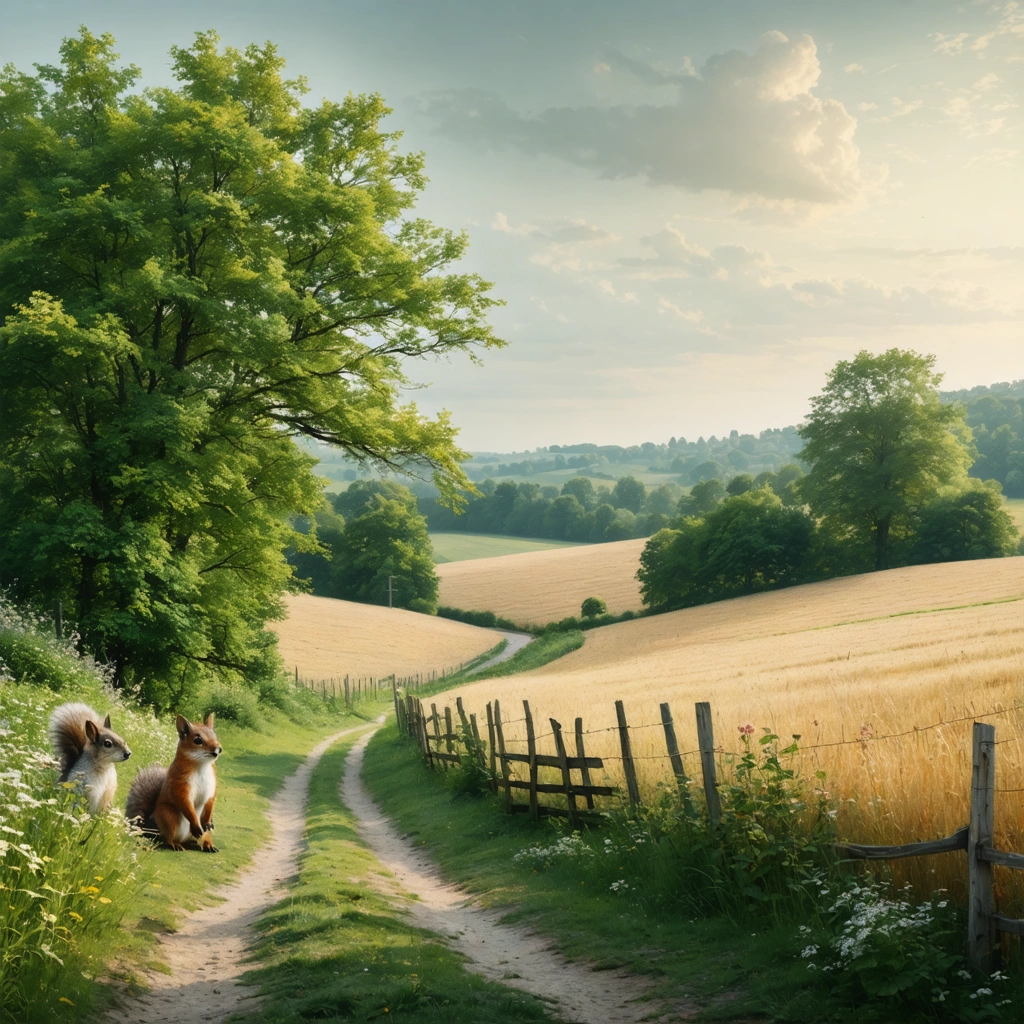 Paysage rural paisible avec des sentiers sinueux, des petits bois, des champs dorés à perte de vue et la présence discrète d'animaux sauvages comme des écureuils, un hérisson et un renard entre les bosquets.