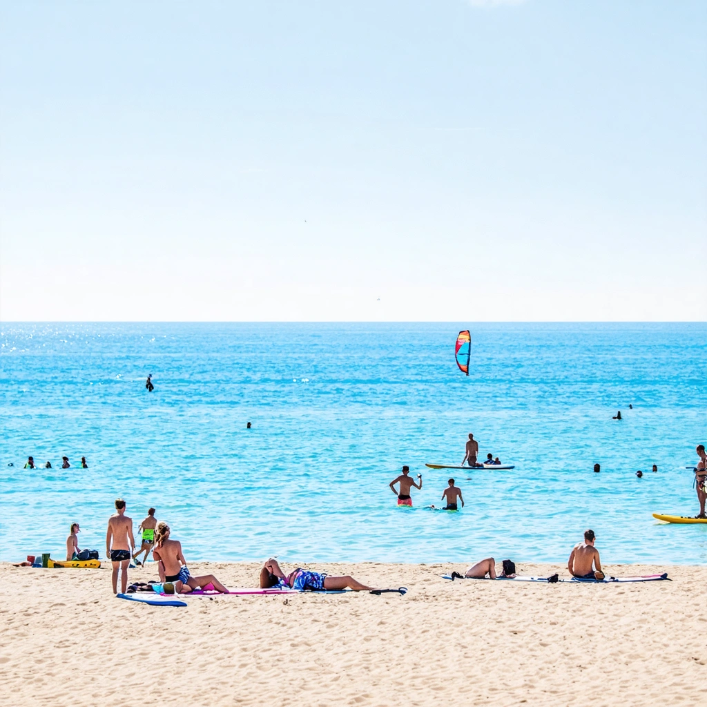 Des personnes profitent d'une plage de sable fin à Sérignan, pratiquant baignade, paddle, kitesurf et admirant un coucher de soleil aux couleurs pastel sur la Méditerranée.