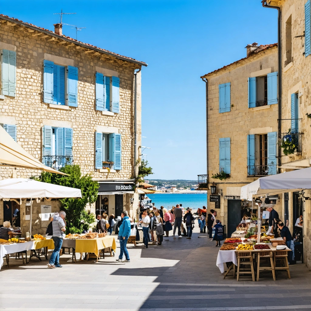 Vue animée du village de Sérignan avec ses maisons en pierre, un marché vivant et la plage méditerranéenne en toile de fond.
