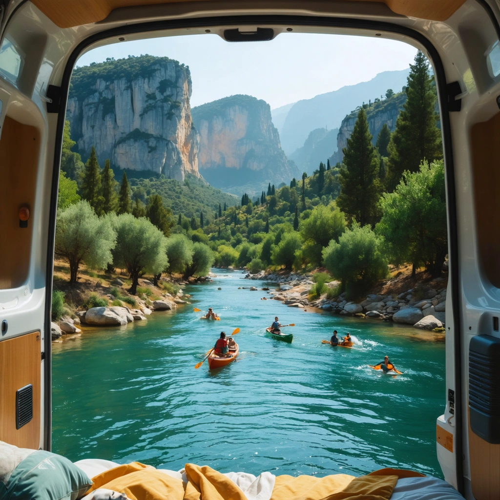 Vue depuis l'intérieur d'un van donnant sur un paysage naturel avec collines boisées, oliveraies, falaises blanches et une rivière où des personnes nagent, font du canoë et pique-niquent.