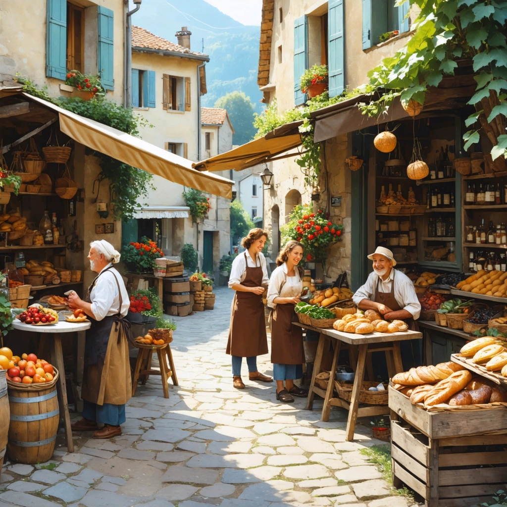 Scène de village français convivial avec des habitants souriants discutant devant un café et un marché coloré rempli de produits locaux.
