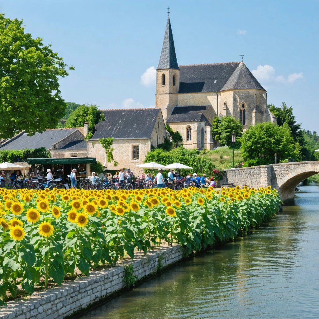 Vue d’un village paisible avec une église en pierre, un marché animé, un canal arboré et la campagne environnante, symbolisant Dompierre-sur-Mer.