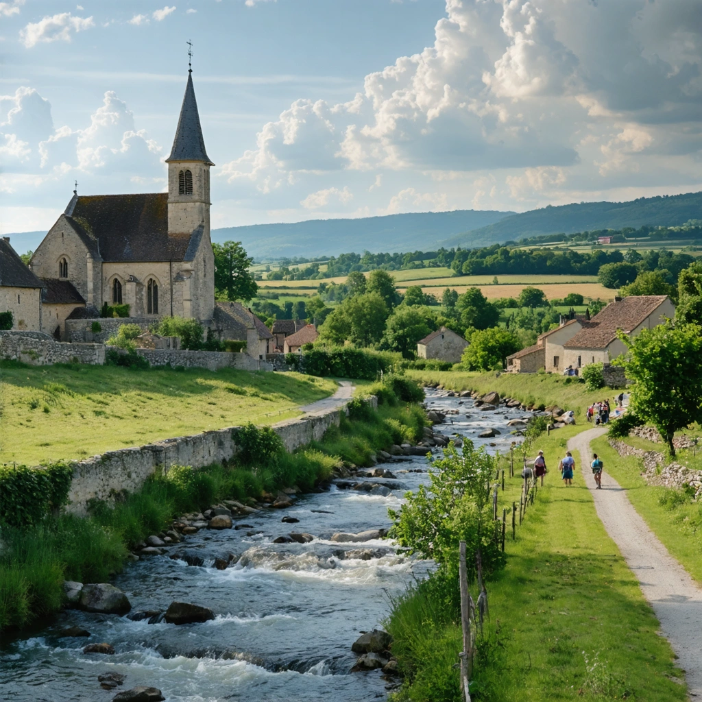 Vue réaliste du village de Gouex avec son église ancienne, des champs verdoyants, des habitants locaux discutant, et la Vienne en arrière-plan sous un ciel d’été.