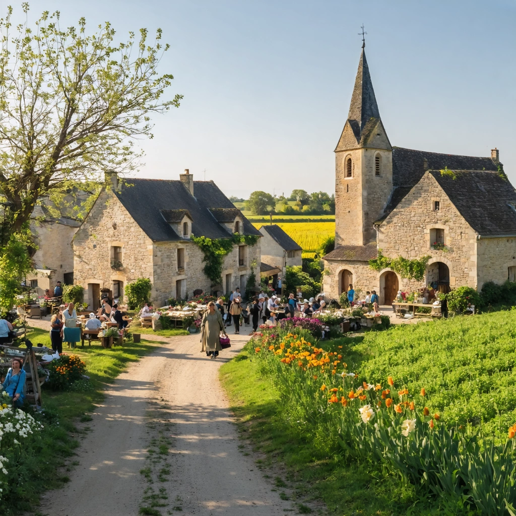 Un village du Loiret avec son église, des maisons en pierre, des champs verdoyants et des habitants réunis autour d'un marché fleuri.