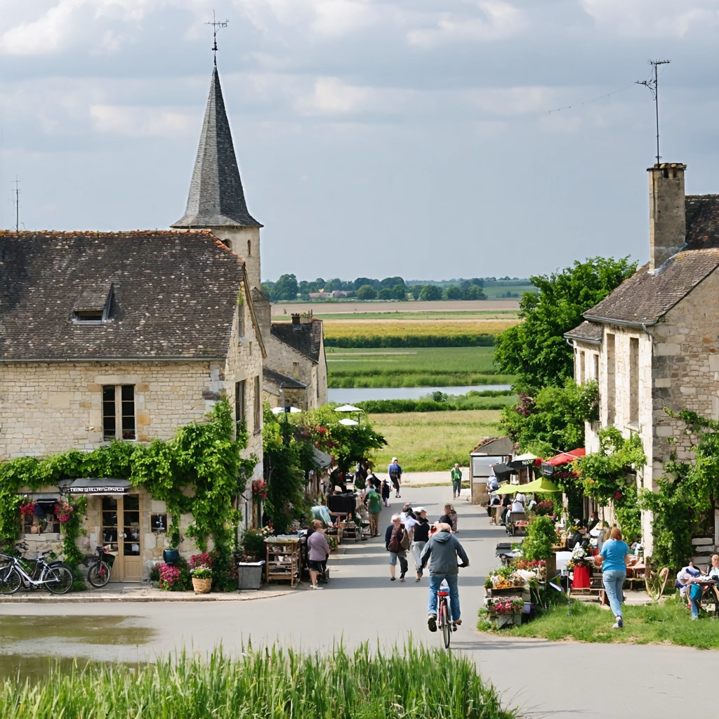 Vue pittoresque du village de Saint-Étienne-de-Montluc, avec des maisons traditionnelles, une place de marché animée, des marais et une église au centre, reflétant l'ambiance authentique et vivante du village.