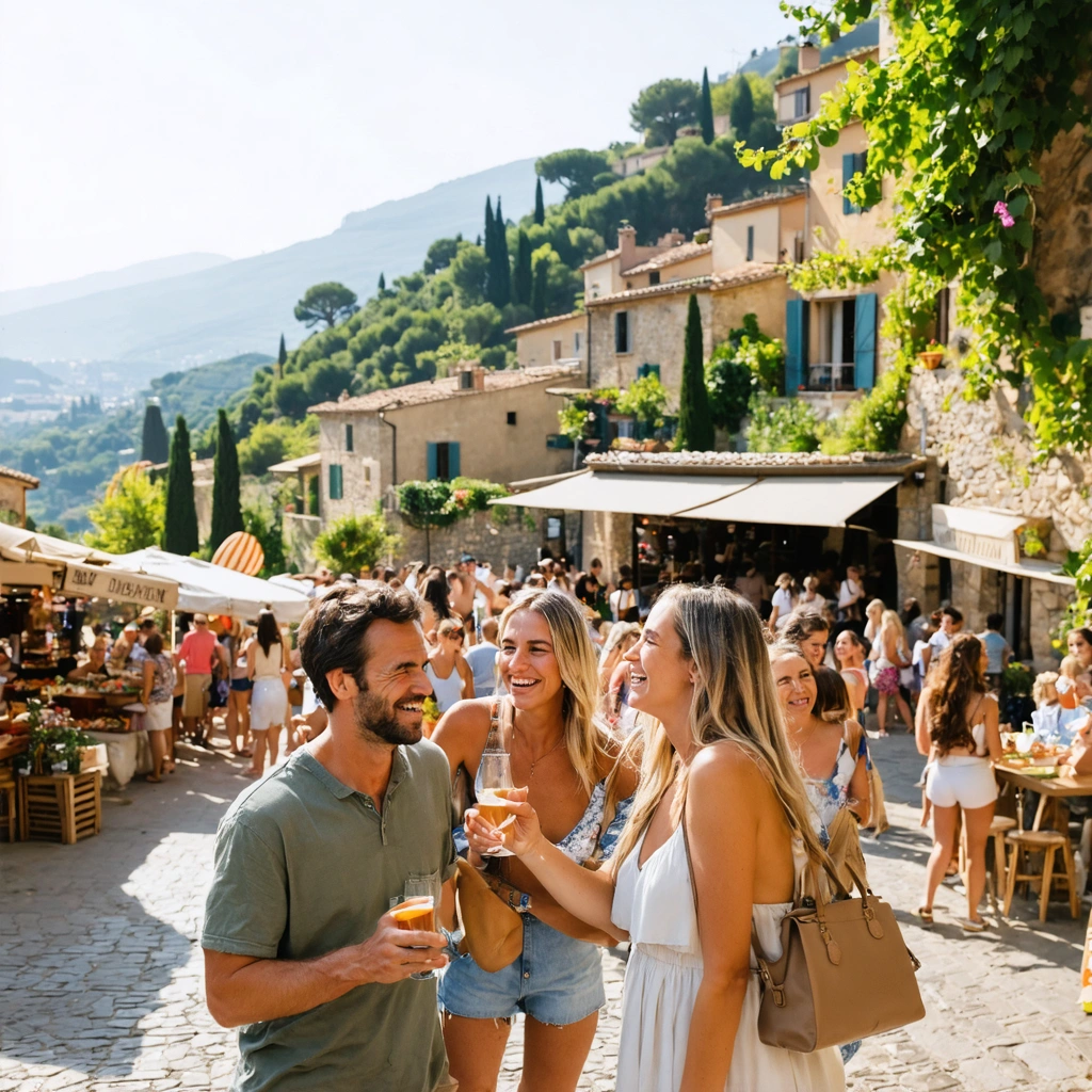 Un village provençal animé, perché sur une colline, avec des habitants souriants, des marchés colorés, une vieille fontaine et un cinéma en plein air dans une ambiance conviviale et moderne.