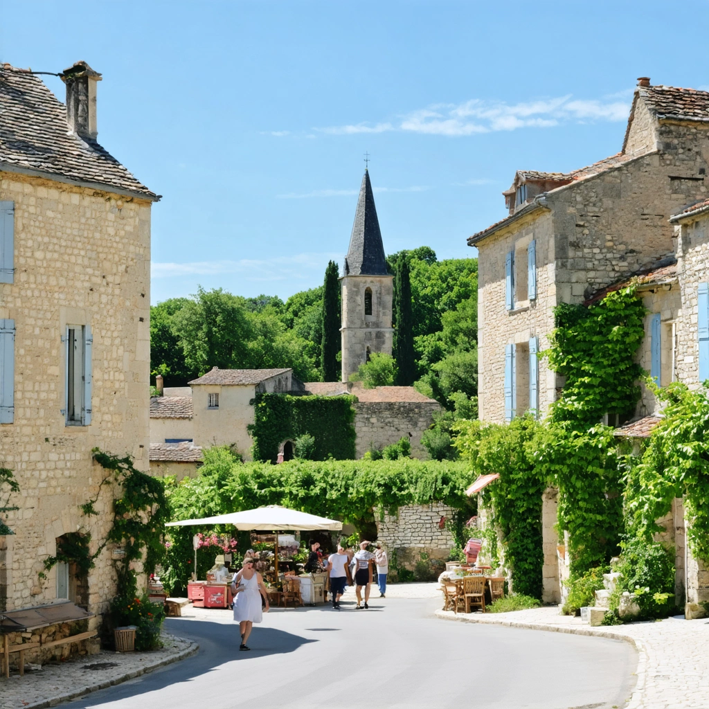 Vue chaleureuse du centre-bourg de Saint-Genis-de-Saintonge, avec maisons en pierre, église, place centrale animée et halle couverte, sous une belle lumière.