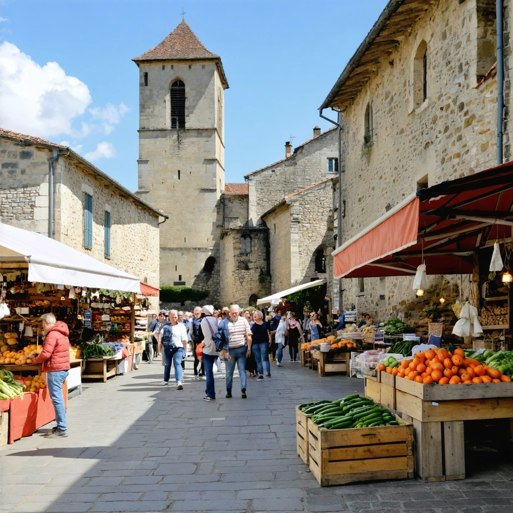 La place centrale de Villefranche-de-Rouergue animée par son marché, avec des arcades, une église gothique et des habitants flânant sous le soleil.