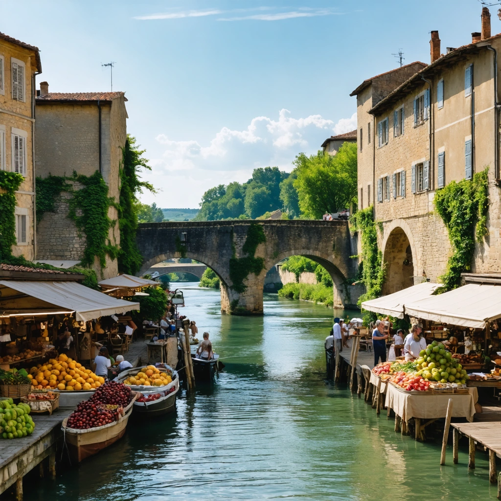 Vue animée du centre historique de Villeneuve-sur-Lot avec son pont médiéval, son marché coloré et des habitants profitant d'une terrasse ensoleillée au bord du Lot.