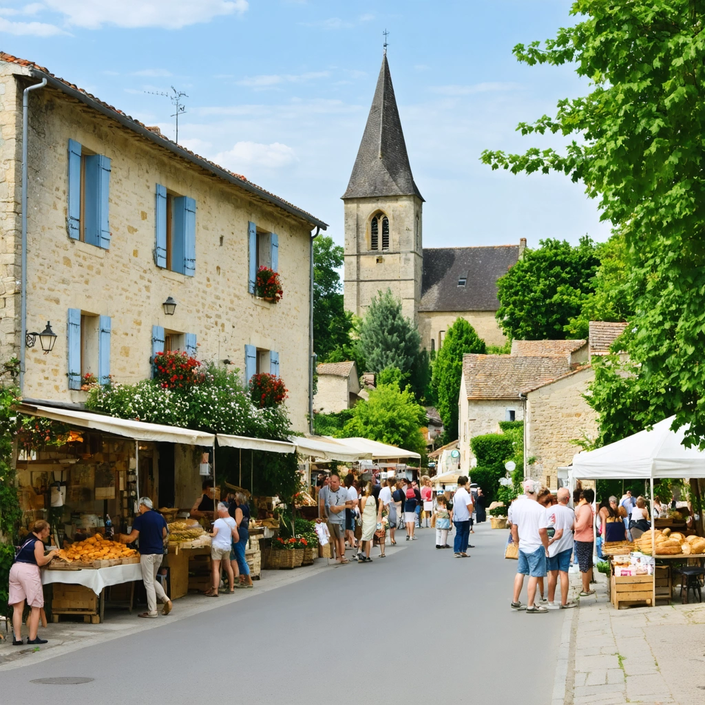 Rue pittoresque de Vouillé avec maisons anciennes, église en arrière-plan, arbres, marché animé et habitants souriants.